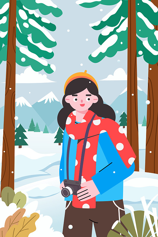 冬天拍摄雪景的女孩矢量插画下载