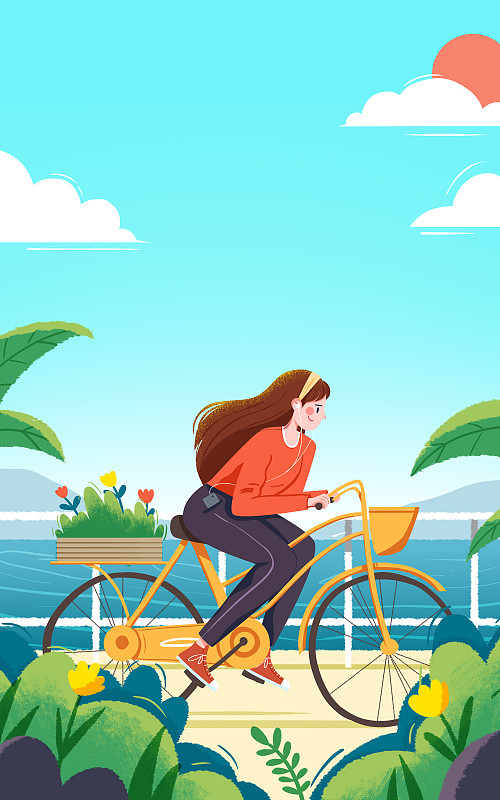 夏天女孩在海边骑自行车图片下载