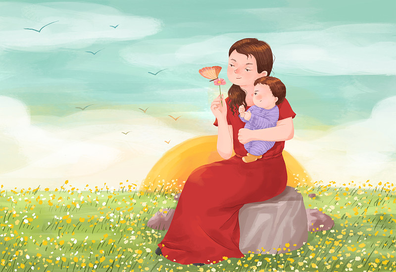 草地上的母子温馨母亲节母婴亲子插画下载