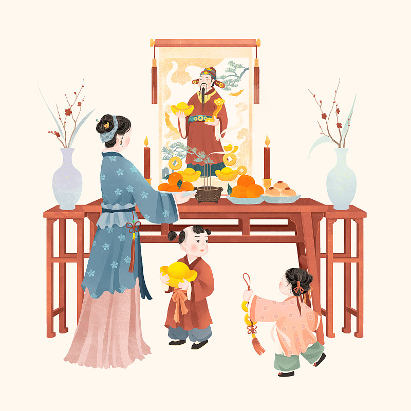 中国古代传统年俗大年初二祭财神插画下载