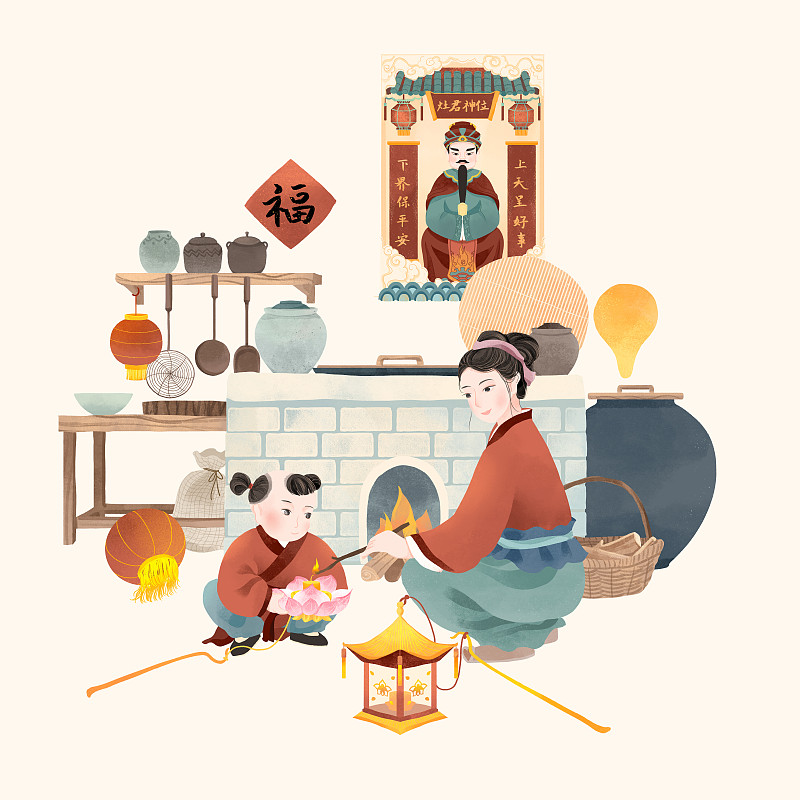 中国古代传统年俗正月十三灶下点灯插画图片