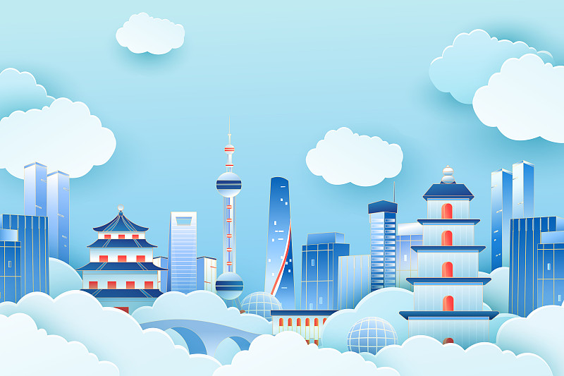 卡通中国上海城市地标建筑生活方式建筑群中国风国潮矢量插画下载