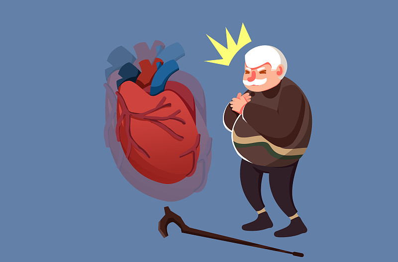 卡通手绘老人突发心梗心脏病胸口疼痛插画图片下载