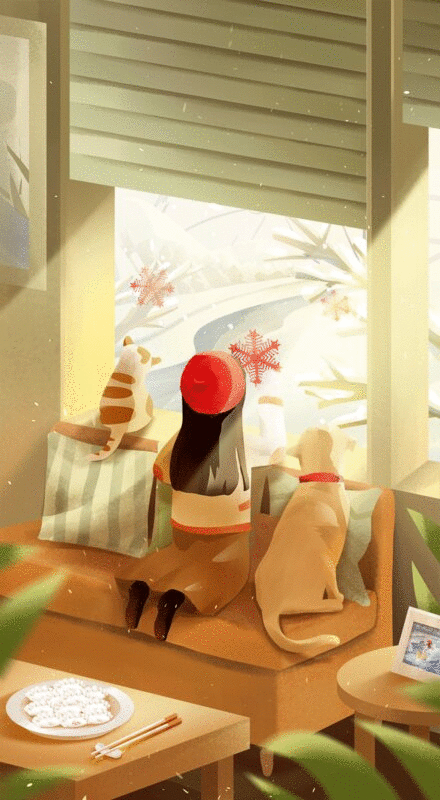 冬天的室内 小女孩和宠物一起吃饺子看雪插画下载