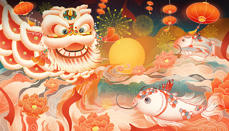 舞狮和锦鲤热闹的新年插画下载