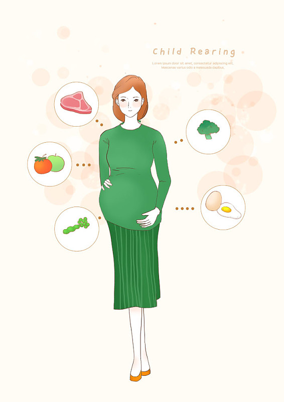 孕妇站着思考健康食品的育儿主题插画图片