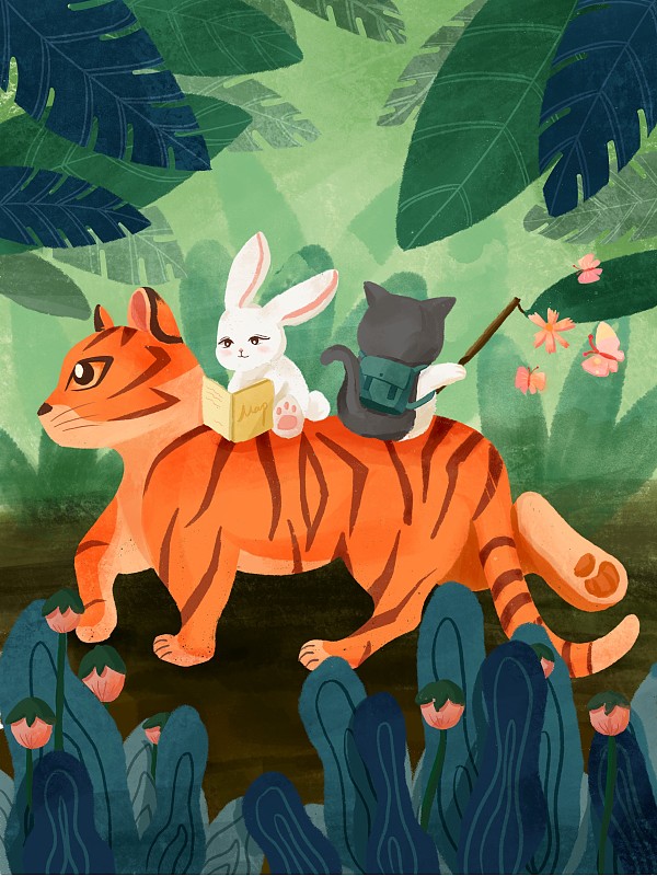儿童插画可爱老虎兔子小猫蝴蝶丛林漫步下载