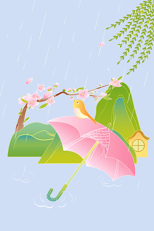 惊蛰春分下雨春天山脉和桃花国潮风矢量插画图片