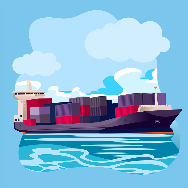 卡通色彩货船在海港景观图片素材