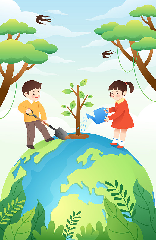 男孩和女孩在地球上种树图片素材