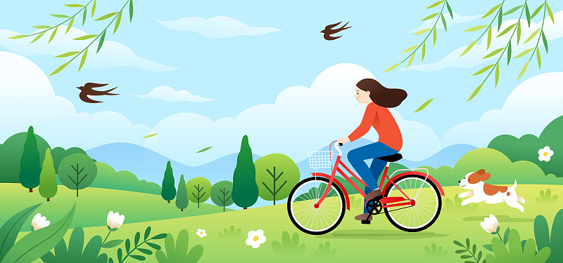 春天一个女孩在户外骑自行车图片素材