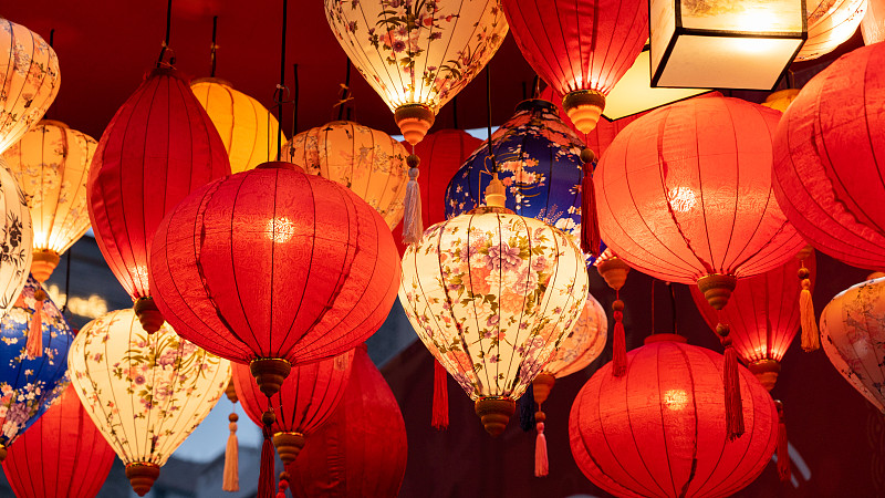 中国新年元宵节中秋节夜晚亮起一片片色彩斑斓的花艺装饰灯笼图片下载