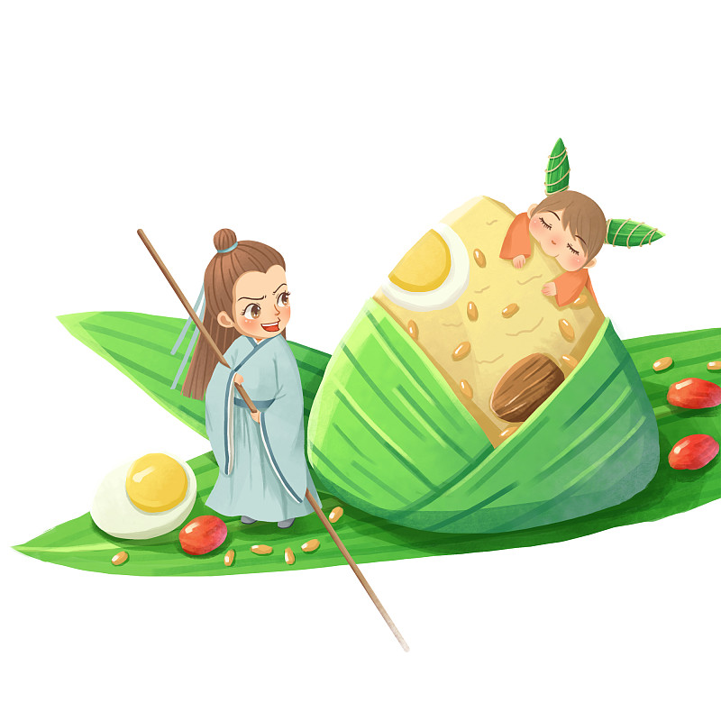 端午节屈原划船粽子粽叶女孩趣味插画元素素材图片