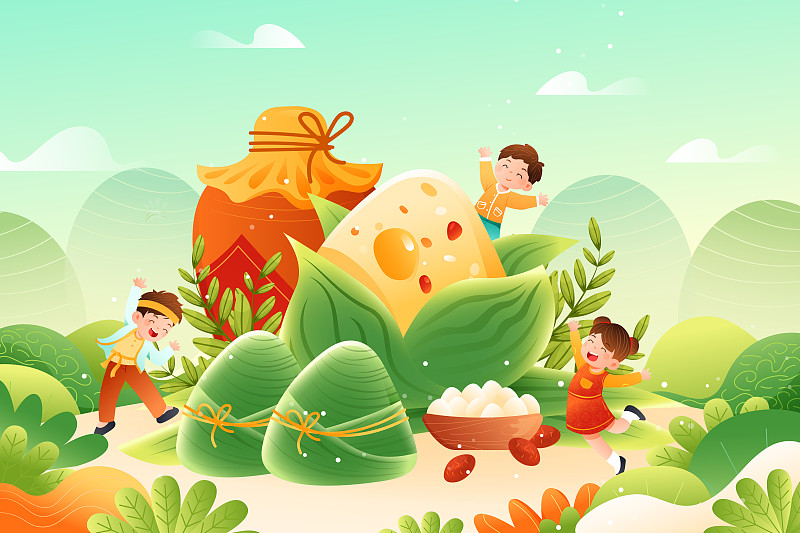 卡通端午节传统节日习俗儿童赛龙舟粽子美食中国风国潮矢量插画图片
