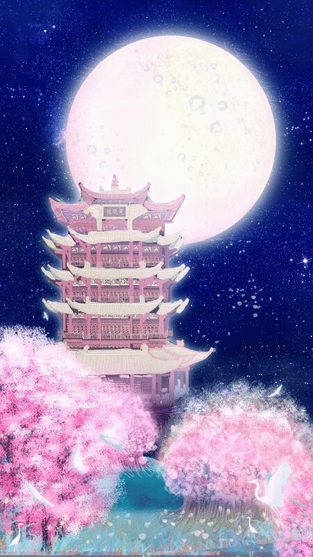 夜晚星空下武汉市的黄鹤楼周围樱花正盛开图片下载