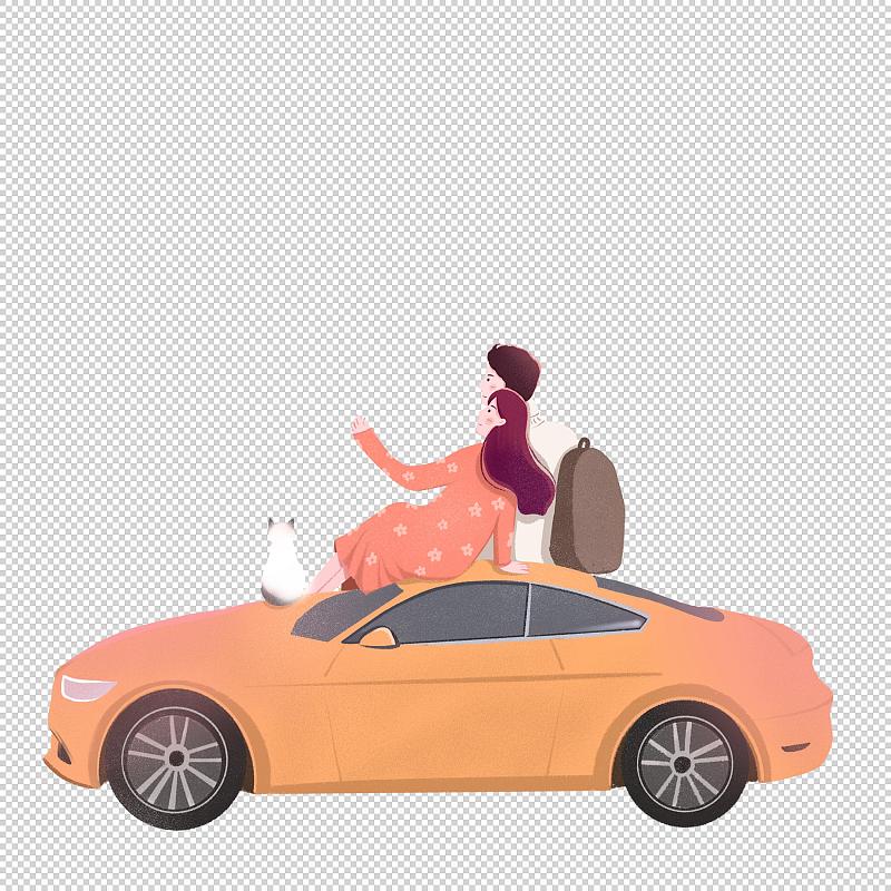 七夕节情人节情侣坐在车上背影插画元素下载