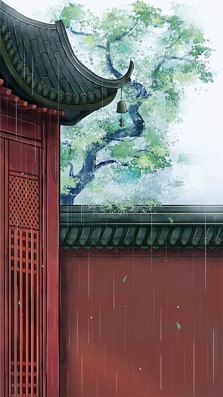 古建筑雨天风景中国风手绘插画下载