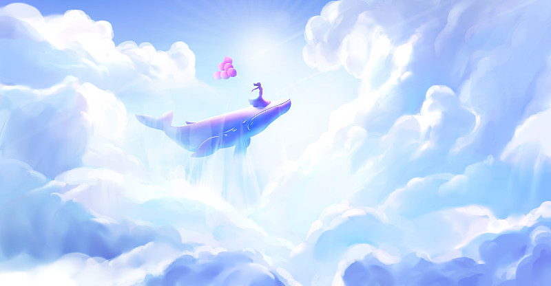 云端上拿着气球的女孩与鲸鱼图片下载