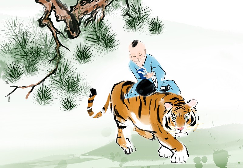 虎年中国风人物画骑老虎读书的小孩图片下载