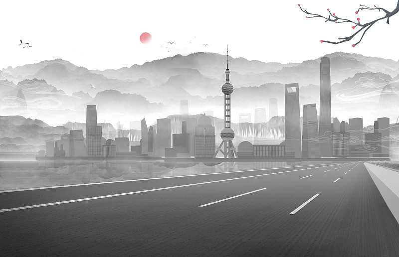 一条公路通往上海建筑群中国风插画图片