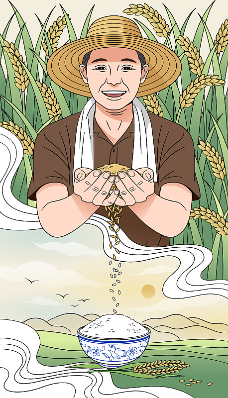 一个双手捧着稻子的农民和稻谷米饭等图片下载