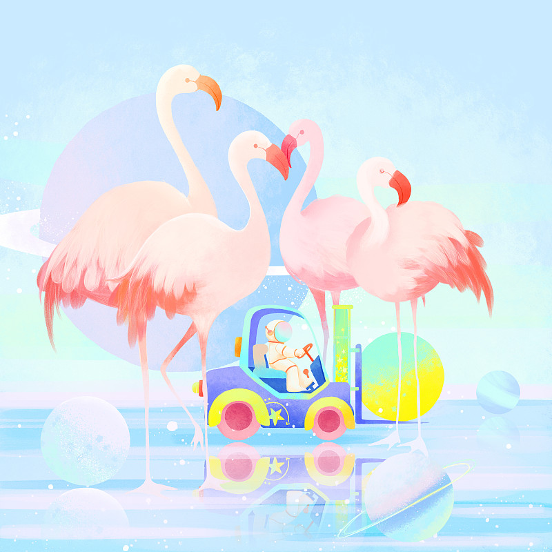 冰面火烈鸟星球叉车收集小宇航员梦幻插画图片