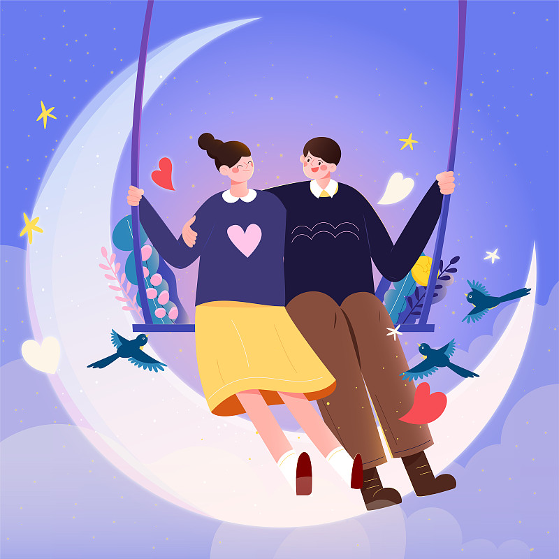 情侣七夕节情人节在月亮上荡秋千矢量插画方图下载