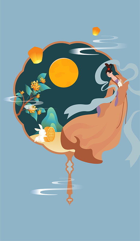 嫦娥扇子插画图片
