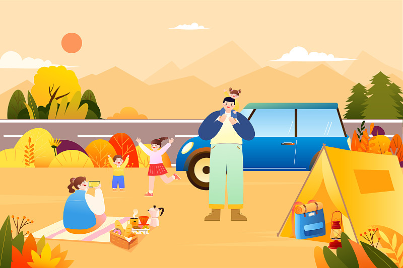 一家人自驾车快乐旅行度假矢量插画横图下载
