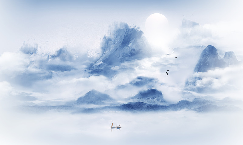 中国风蓝色山水画背景图片素材