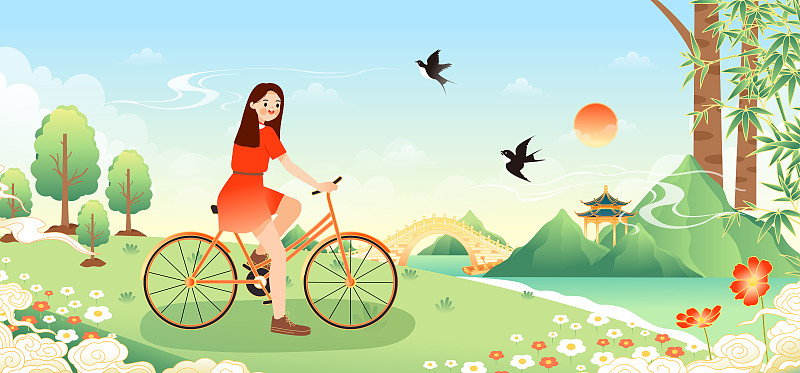 春天在户外骑自行车的女孩插画下载