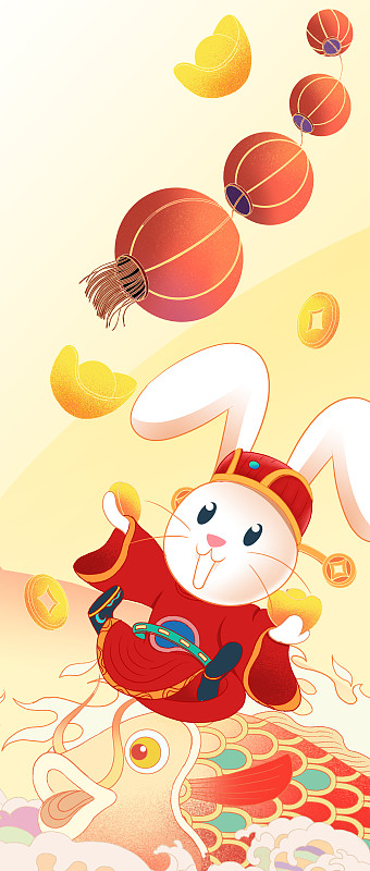 2023年兔年新年新春春节过年卡通可爱小兔子财神爷拜年喜庆插画下载