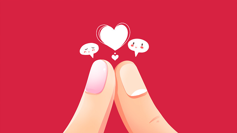 红色唯美卡通情人节插画，男女手指相碰，冒出爱心，和两个害羞的表情包下载