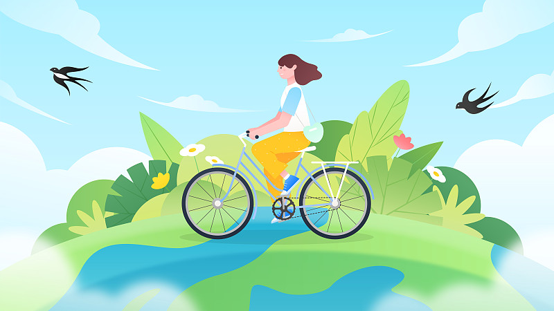地球上骑车的女孩低碳出行创意插画下载