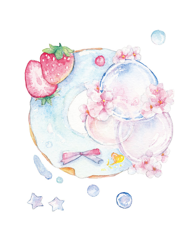 水彩手绘插画精美小吃水果鲜花甜甜圈下载