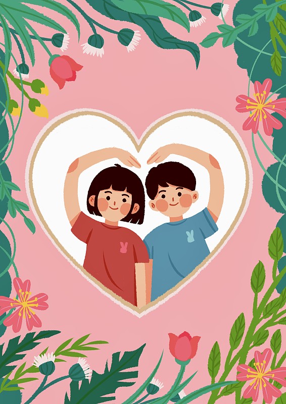 浪漫情侣插画，可爱的情侣做爱心手势图片