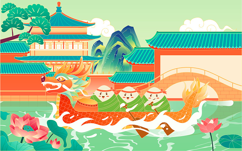端午节赛龙舟传统节日活动古代建筑国潮插画图片