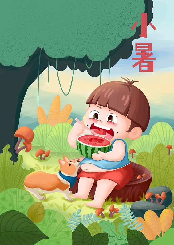 二十四节气小暑吃西瓜的男孩图片下载