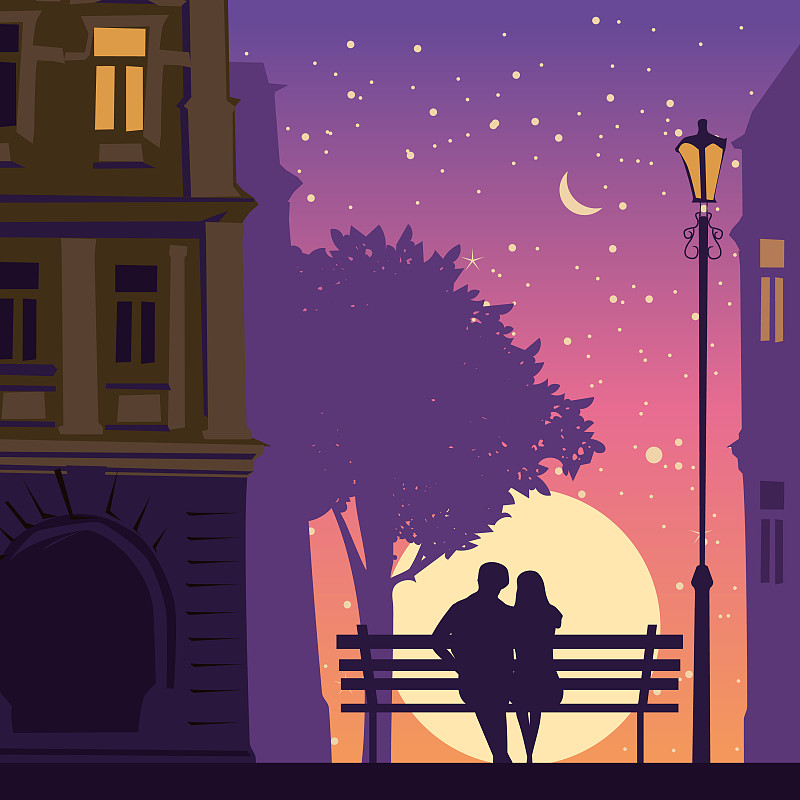 浪漫的情侣情侣坐在城市的长椅下插画图片