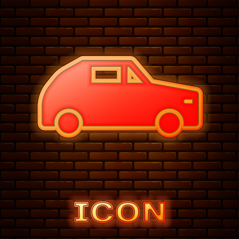 发光的霓虹灯汽车图标孤立在砖墙上插画图片