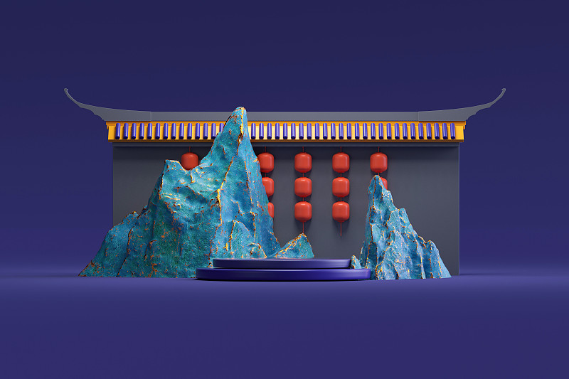 3D渲染中国风展示台场景插画图片