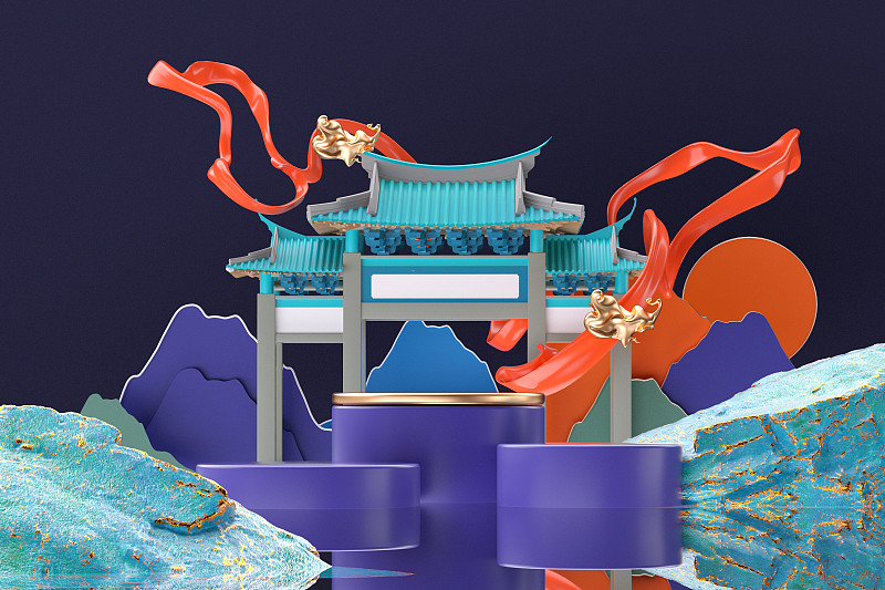 3D渲染中国风展示台场景插画图片