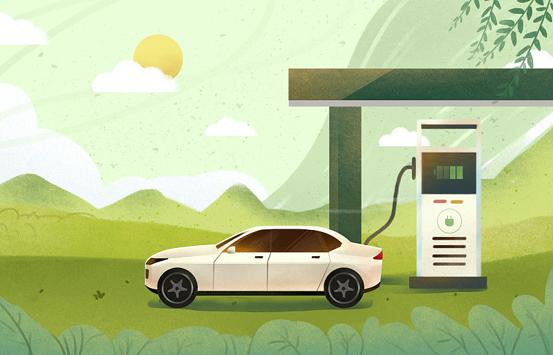 旅行中停车在充电桩旁边充电的电动汽车插画图片