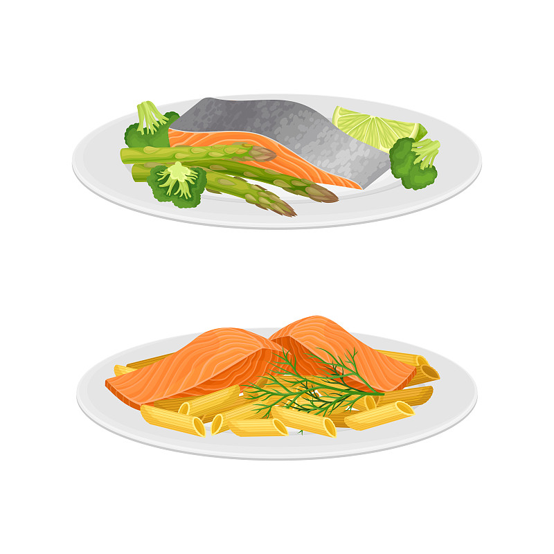 美味的海鲜菜肴，配上三文鱼鱼插画图片