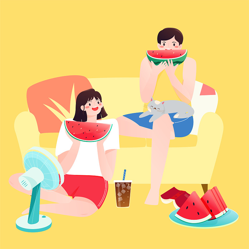 情侣坐在沙发上开心吃西瓜矢量插画图片