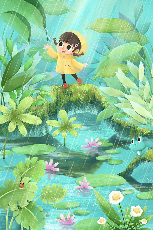 夏日雨天湖边玩耍的小女孩图片下载