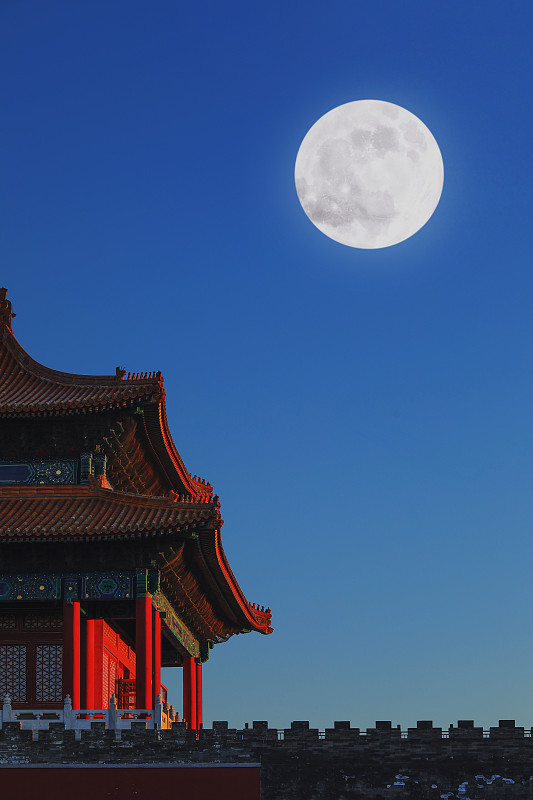 一轮满月与故宫建筑特写图片下载