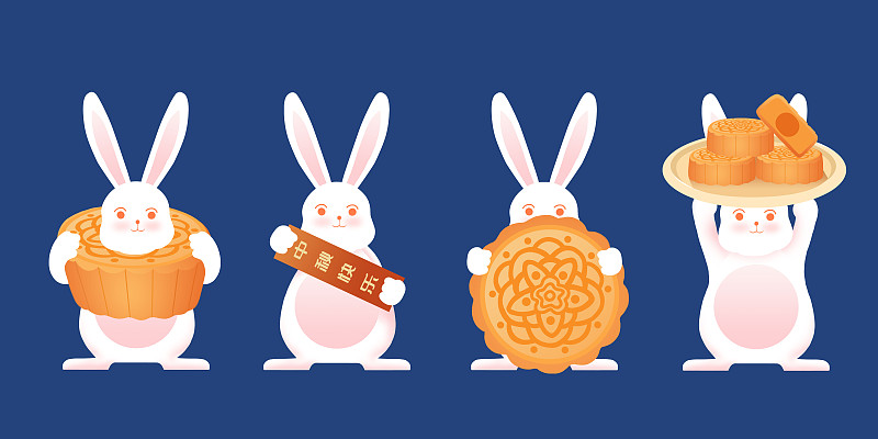 四只可爱的兔子庆祝中秋节快乐插画海报下载