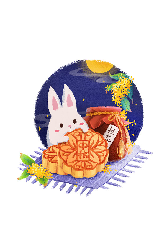 中秋节赏月 月兔抱月饼倚靠桂花酒图片下载