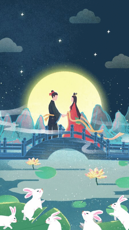 中国风七夕节桥梁上牵手赏月的牛郎织女视频图片下载